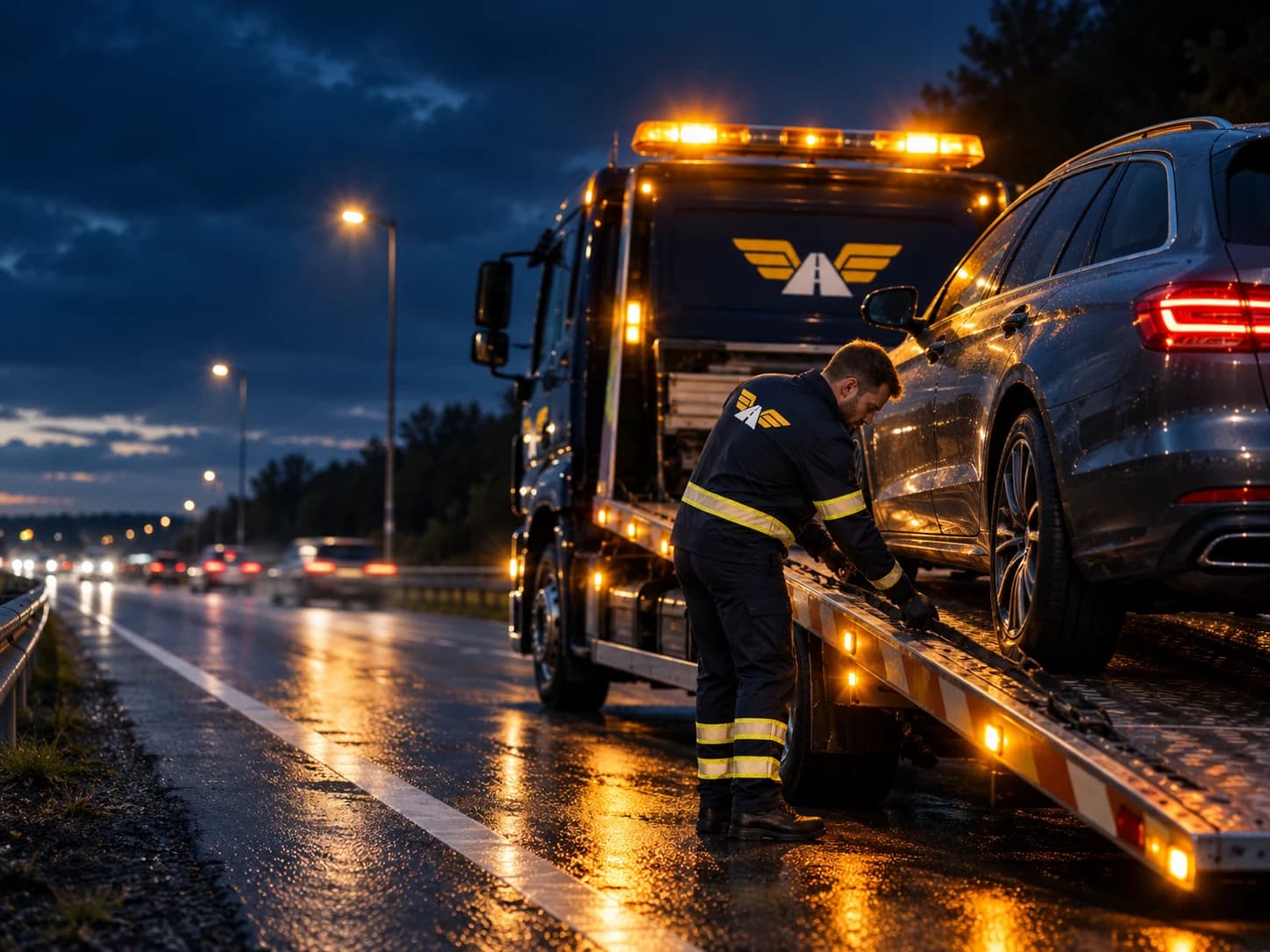 Laweta pomocy drogowej z samochodem, nocą na mokrej drodze — zdjęcie poglądowe